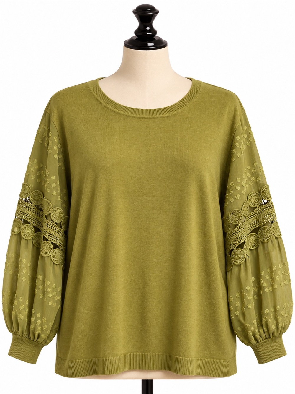 Sioni Olive Crochet-Trim Balloon Sleeve Pullover